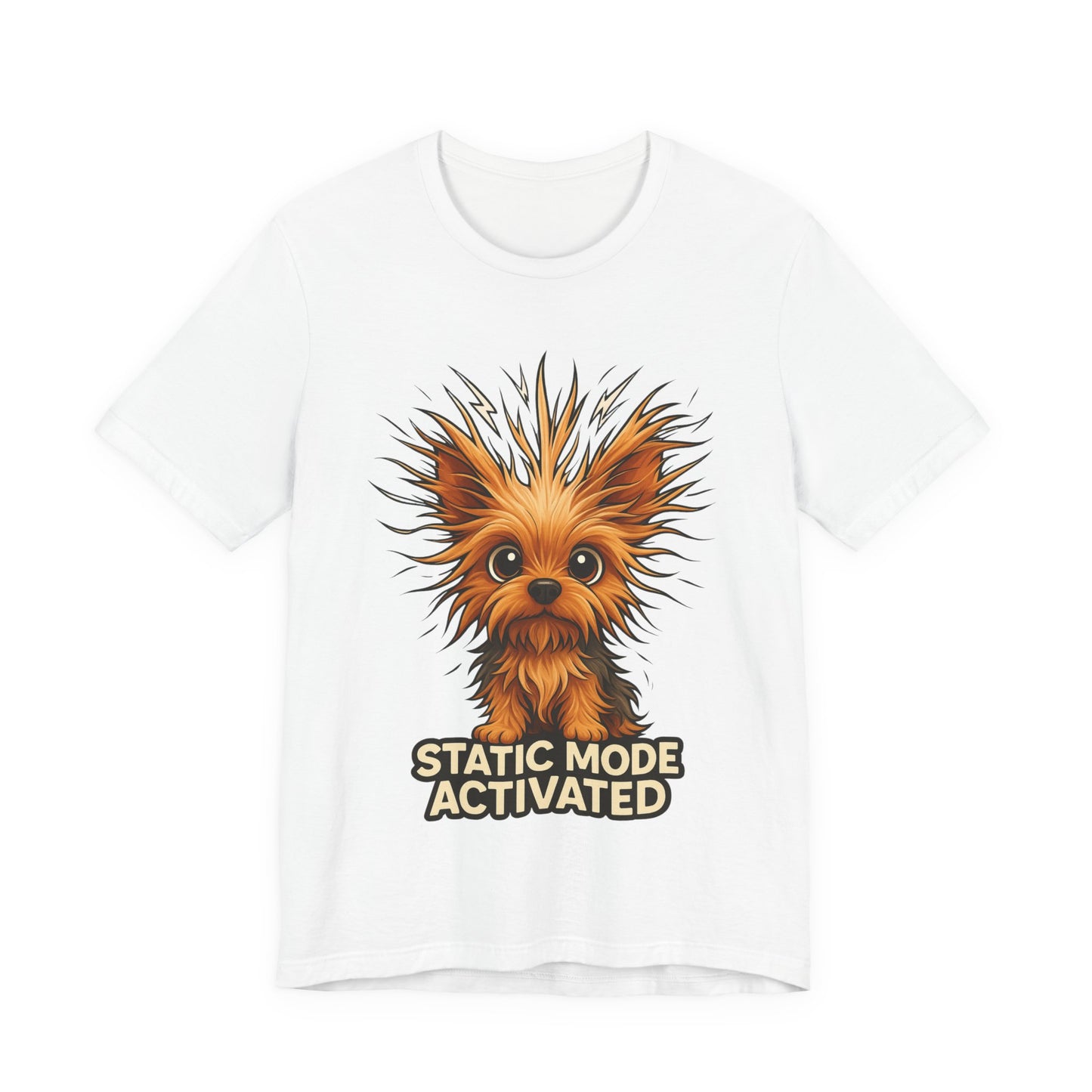 Static Mode Activated Tee — Funny Static Hair Dog Graphic T-Shirt