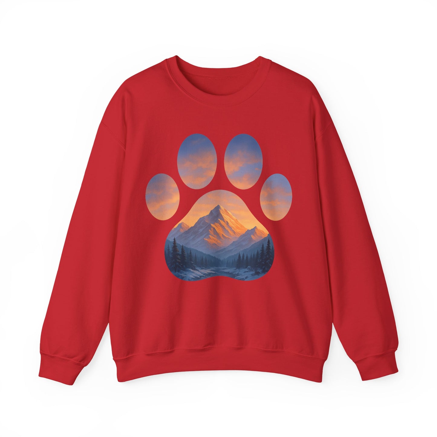 Mountain Sunset Paw Print Sweatshirt | Cozy Unisex Crewneck for Dog Lovers, Nature Enthusiasts, Gifts, Casual Wear, Animal Themes