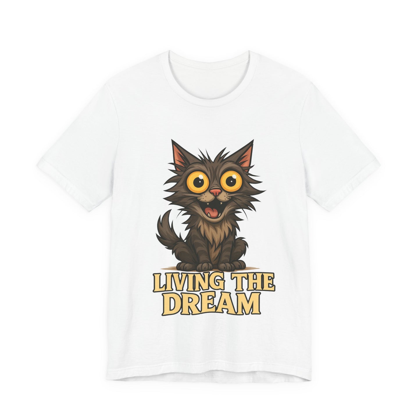 Living the Dream Cat T-Shirt — Cute Wide-Eyed Cat Graphic Tee
