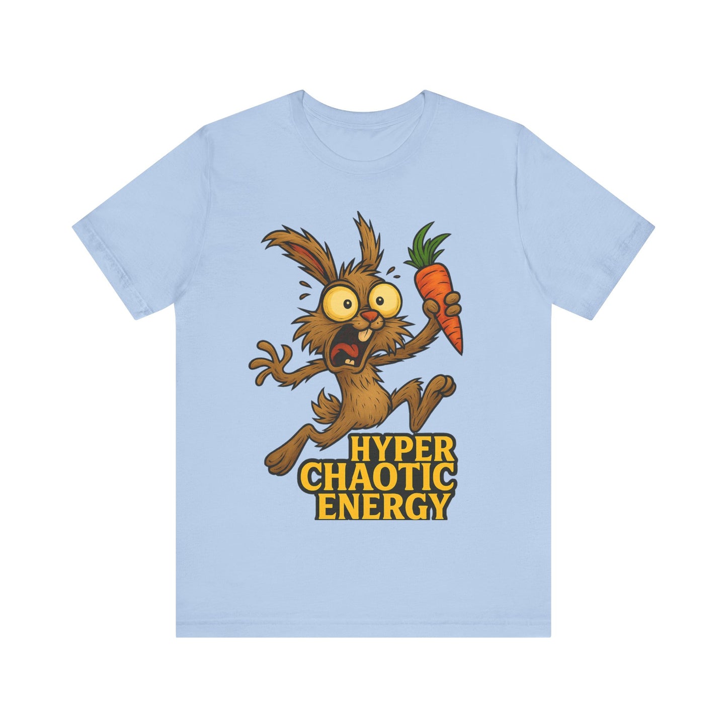 Hyper Chaotic Energy Bunny T-Shirt — Funny Cartoon Rabbit Holding Carrot Tee