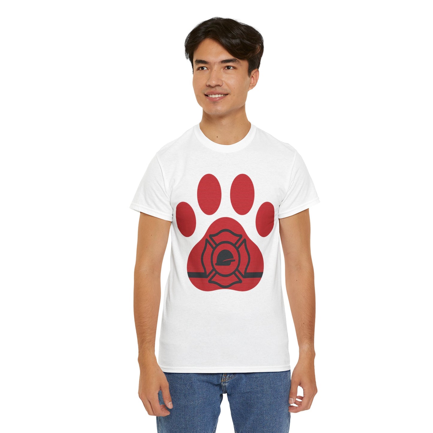 Firefighter Paw Print Tee, Unisex Heavy Cotton T-Shirt, Animal Lover Gift, Firefighter Appreciation, Casual Wear, Pet Lover Apparel