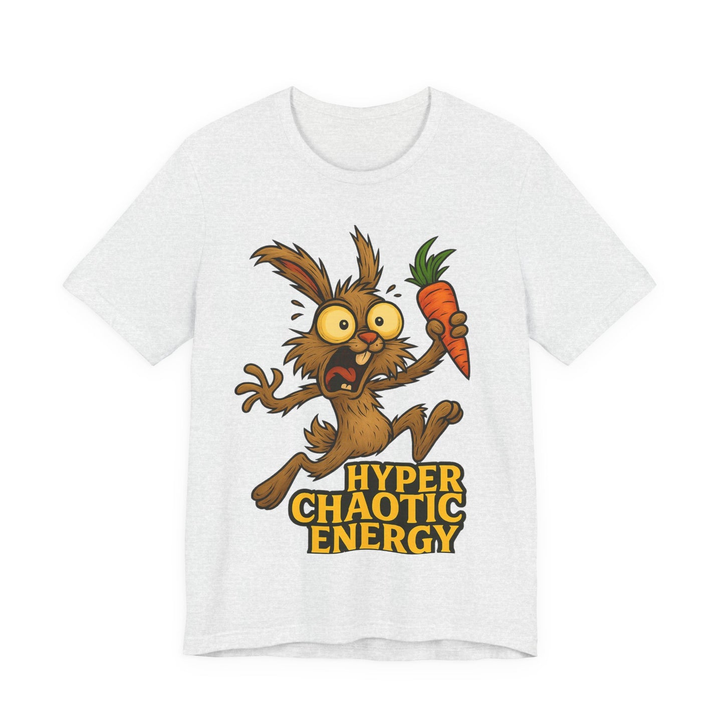 Hyper Chaotic Energy Bunny T-Shirt — Funny Cartoon Rabbit Holding Carrot Tee