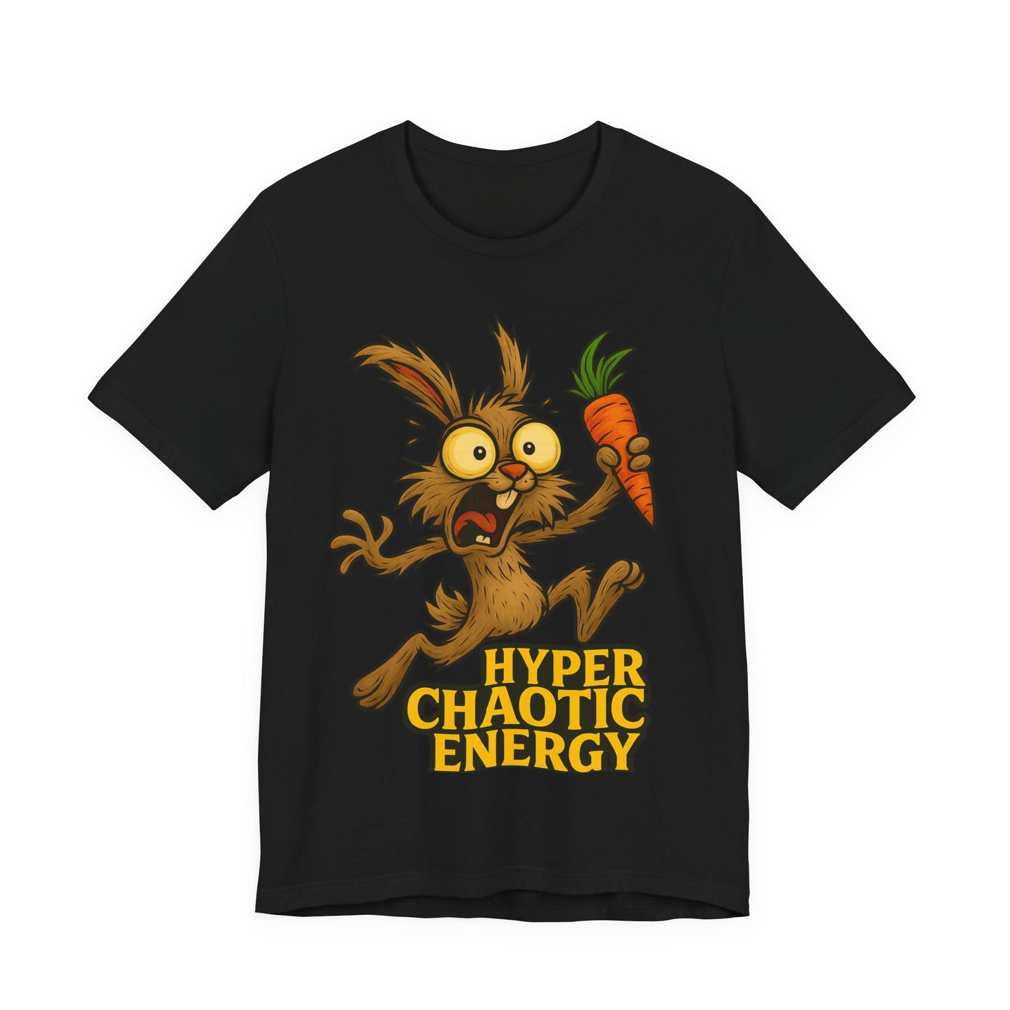 Hyper Chaotic Energy Bunny T-Shirt — Funny Cartoon Rabbit Holding Carrot Tee