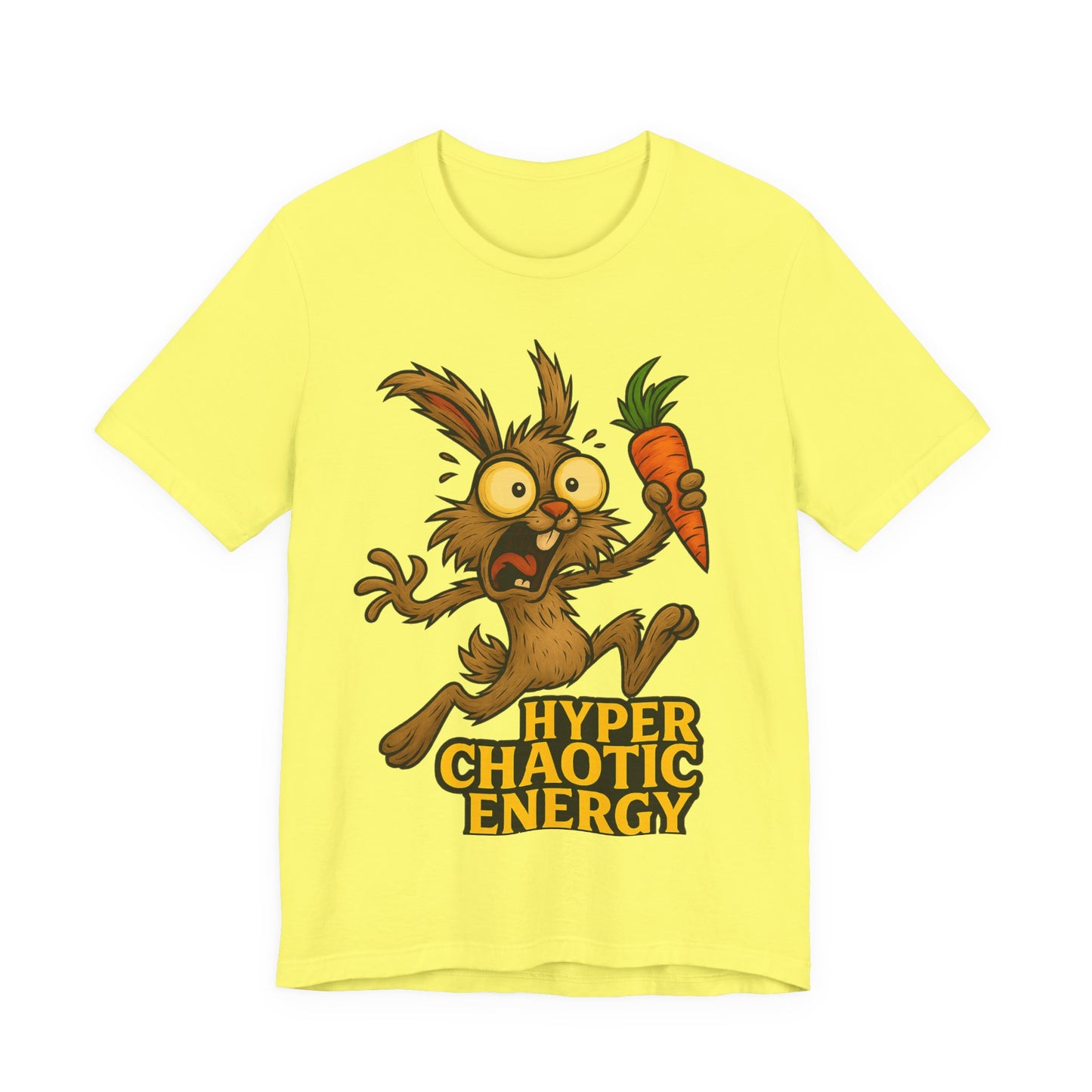 Hyper Chaotic Energy Bunny T-Shirt — Funny Cartoon Rabbit Holding Carrot Tee