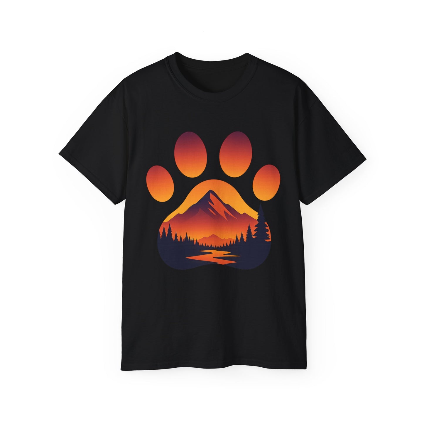 Mountain Sunset Paw Print Tee, Perfect for Dog Lovers, Gifts for Pet Owners, Nature Lovers, Hiking Apparel, Casual Wear