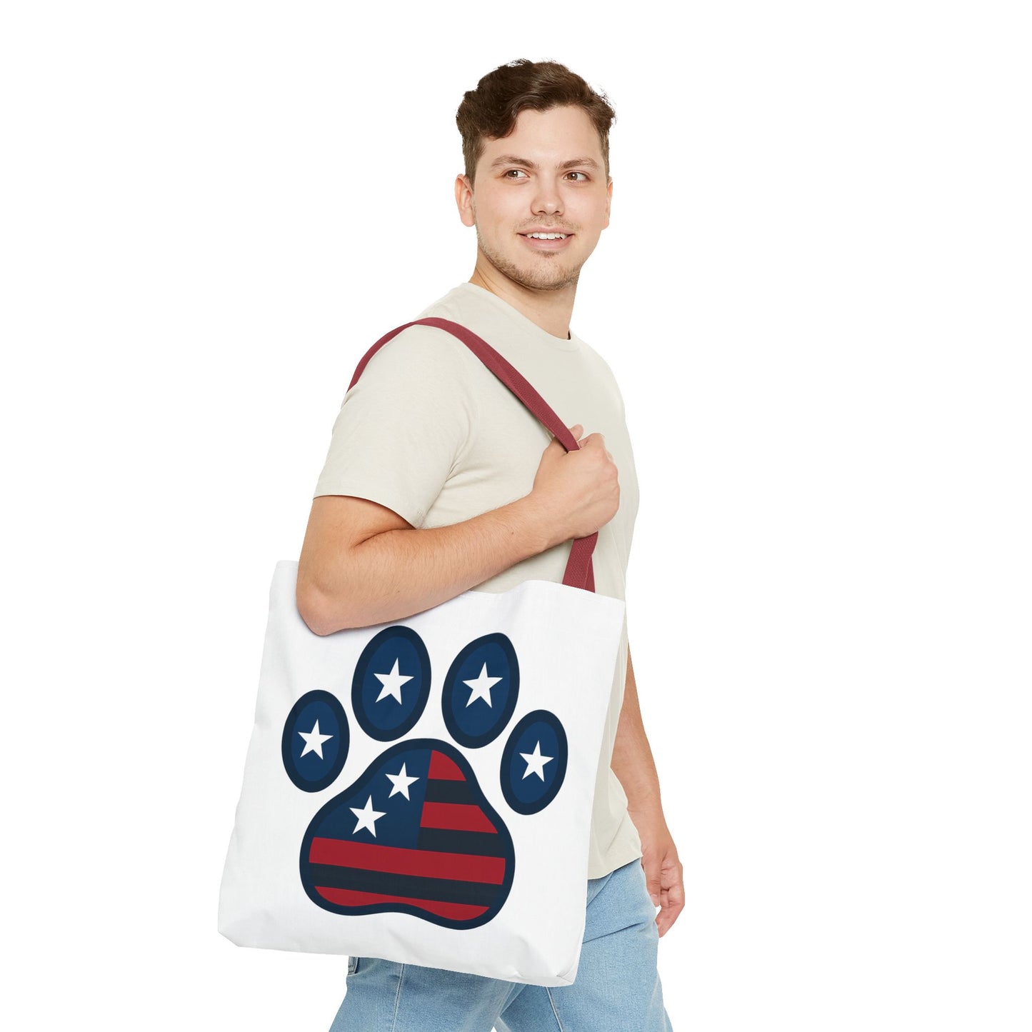 Patriotic Dog Paw Tote Bag | USA Flag Inspired | Perfect for Pet Lovers, Independence Day, Gift for Dog Moms, Eco-Friendly, AOP