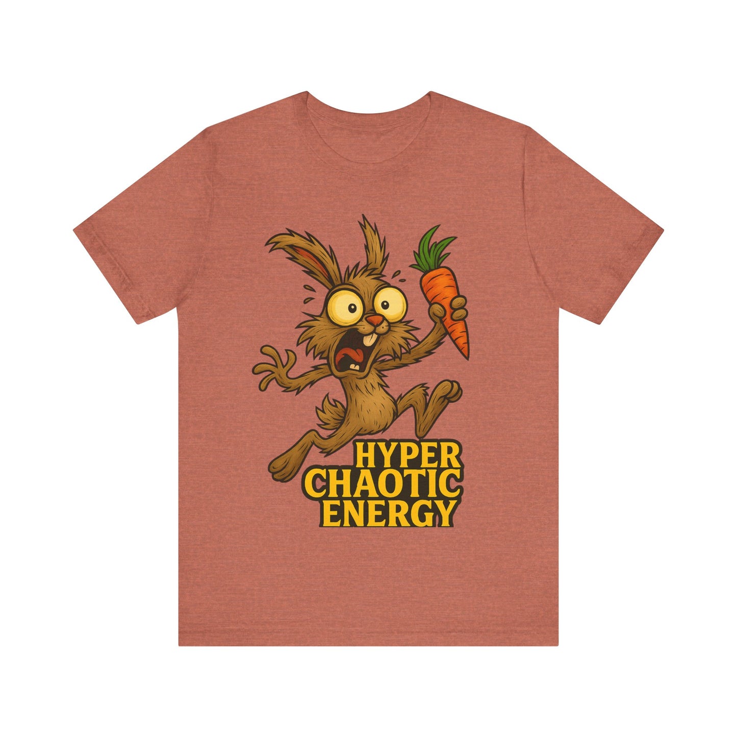 Hyper Chaotic Energy Bunny T-Shirt — Funny Cartoon Rabbit Holding Carrot Tee