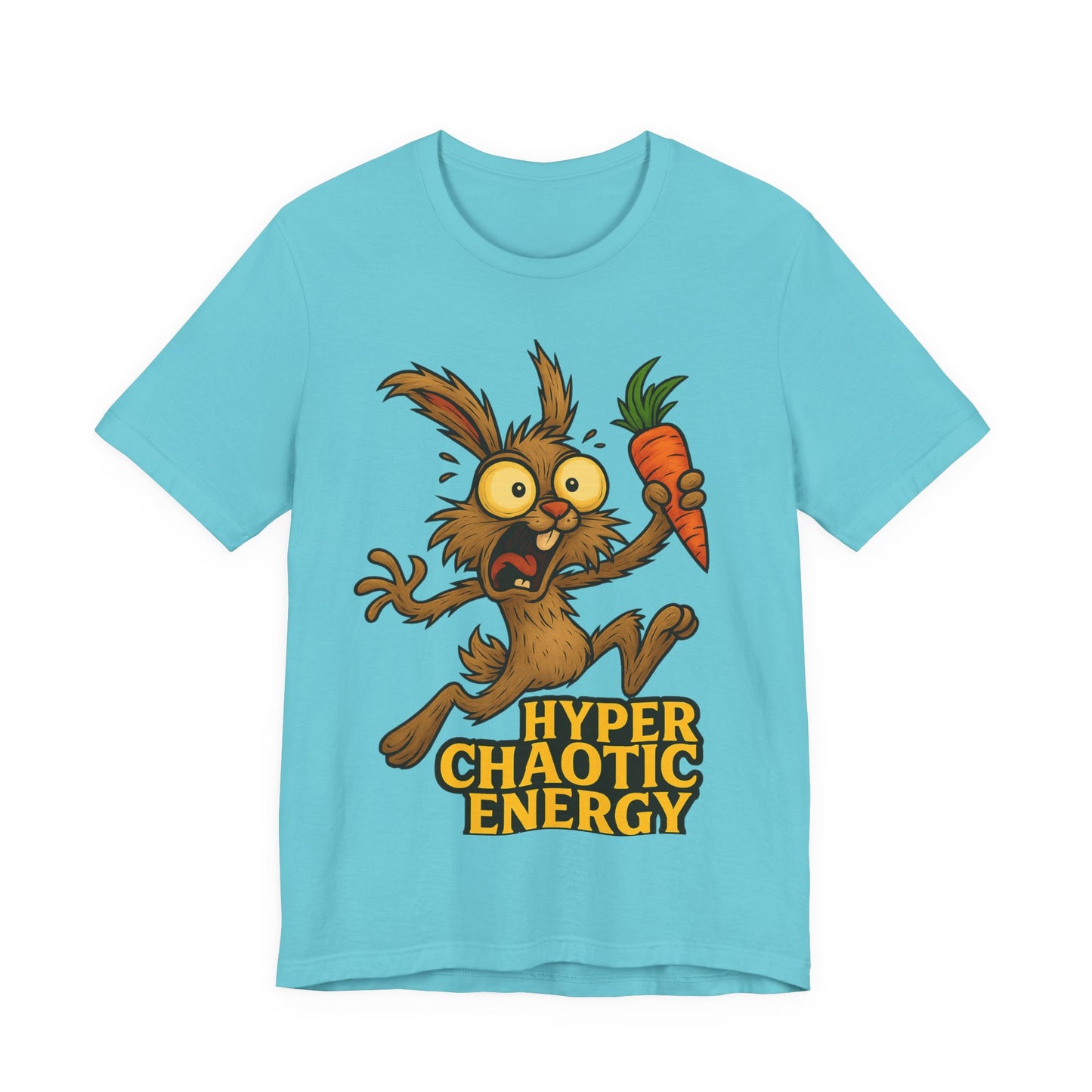 Hyper Chaotic Energy Bunny T-Shirt — Funny Cartoon Rabbit Holding Carrot Tee