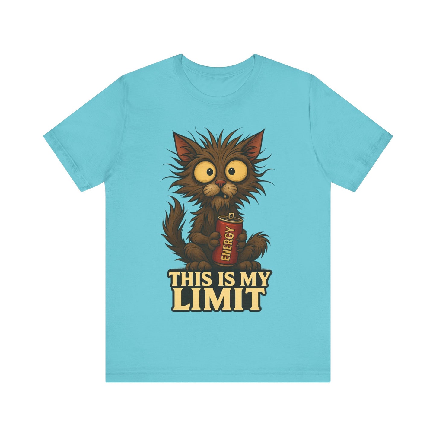 This Is My Limit Cat Tee - Cute Wide-Eyed Cat Holding Energy Drink Graphic T-Shirt