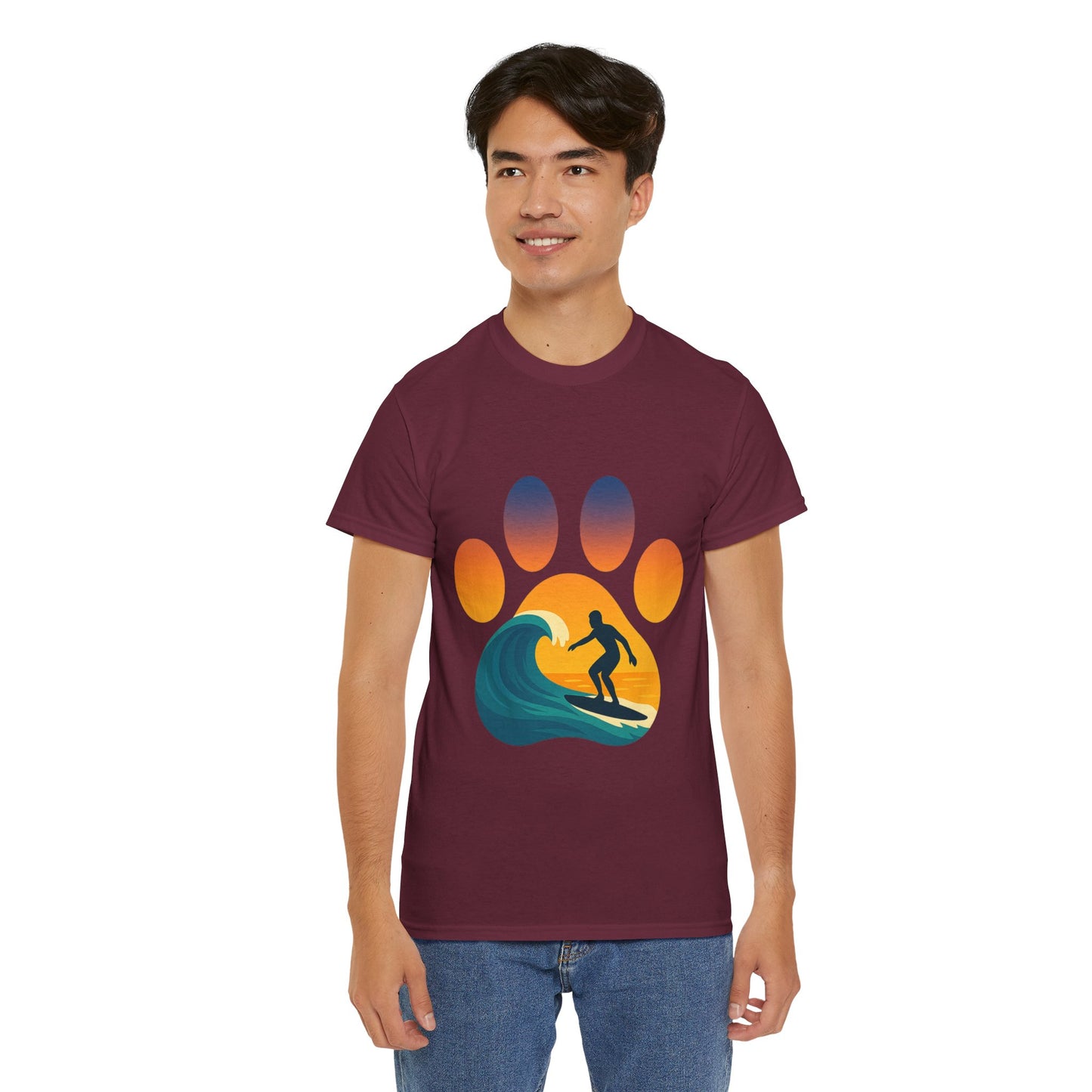 Surfing Sunset Paw Print Unisex Heavy Cotton Tee