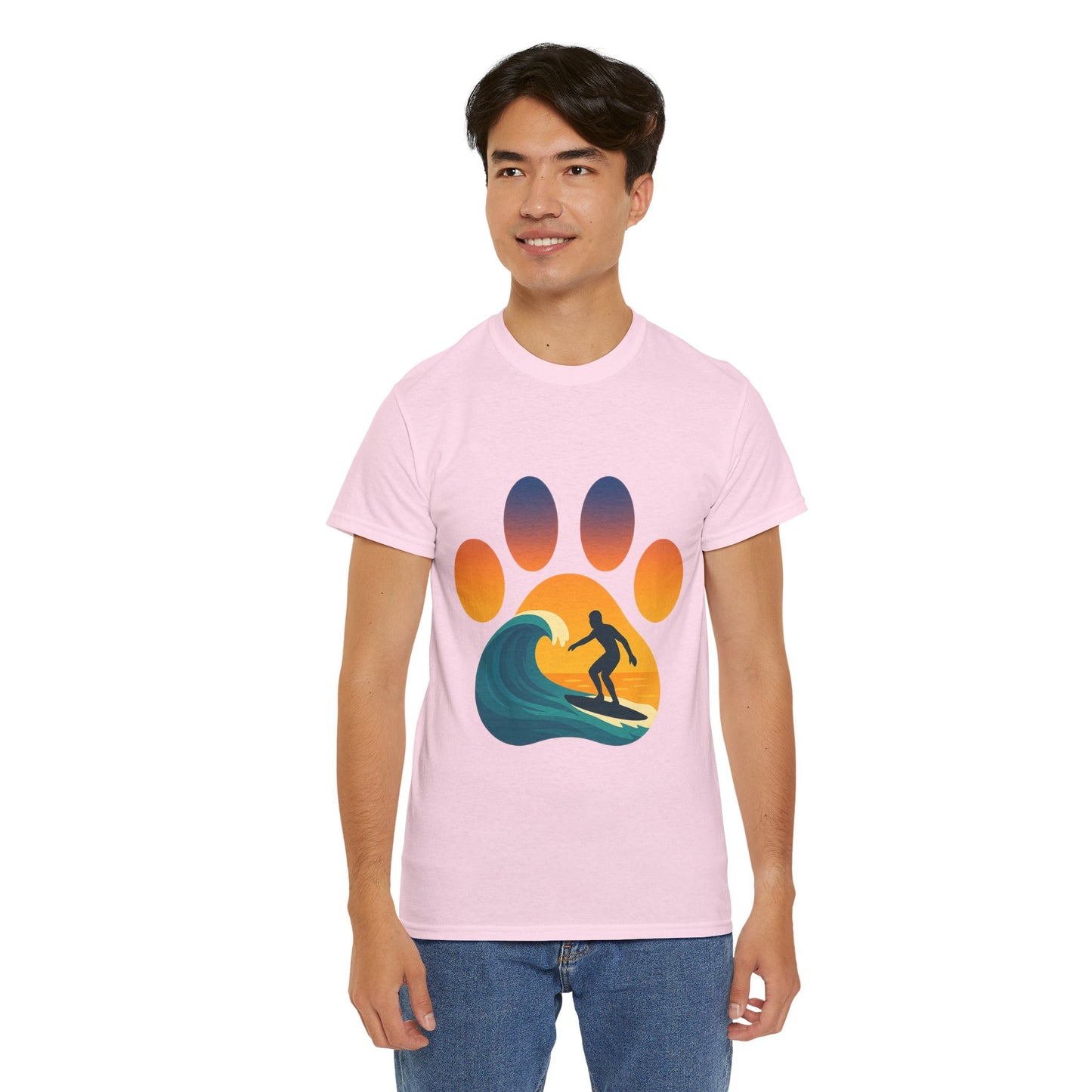 Surfing Sunset Paw Print Unisex Heavy Cotton Tee