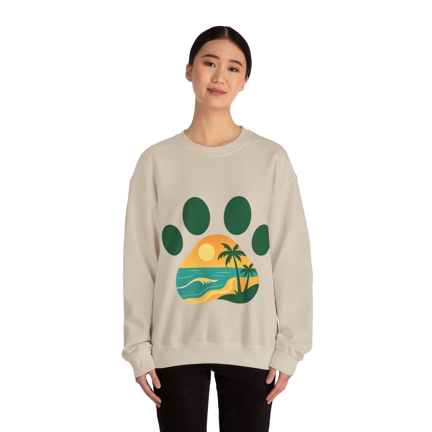 Beach Sunset Paw Print Sweatshirt, Cozy Animal Lover Crewneck, Gift for Pet Owners, Perfect for Casual Outings, Nature-Inspired Apparel
