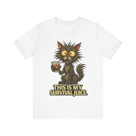 Coffee Cat T‑Shirt — "This Is My Survival Juice" Funny Cat Coffee Tee