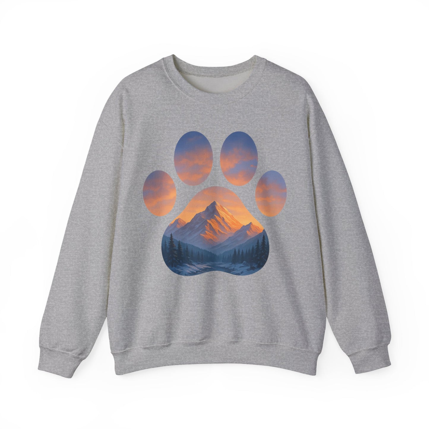 Mountain Sunset Paw Print Sweatshirt | Cozy Unisex Crewneck for Dog Lovers, Nature Enthusiasts, Gifts, Casual Wear, Animal Themes
