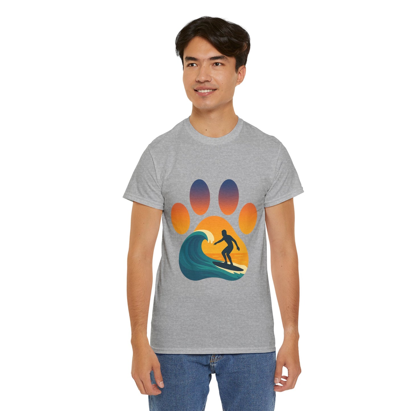 Surfing Sunset Paw Print Unisex Heavy Cotton Tee