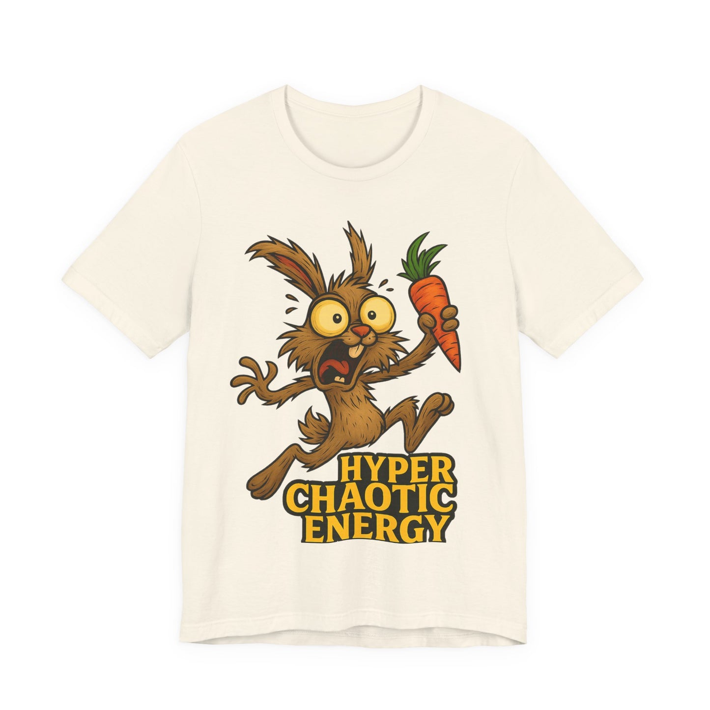 Hyper Chaotic Energy Bunny T-Shirt — Funny Cartoon Rabbit Holding Carrot Tee