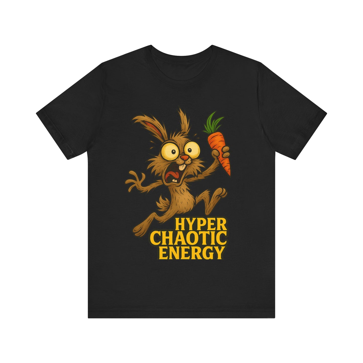 Hyper Chaotic Energy Bunny T-Shirt — Funny Cartoon Rabbit Holding Carrot Tee