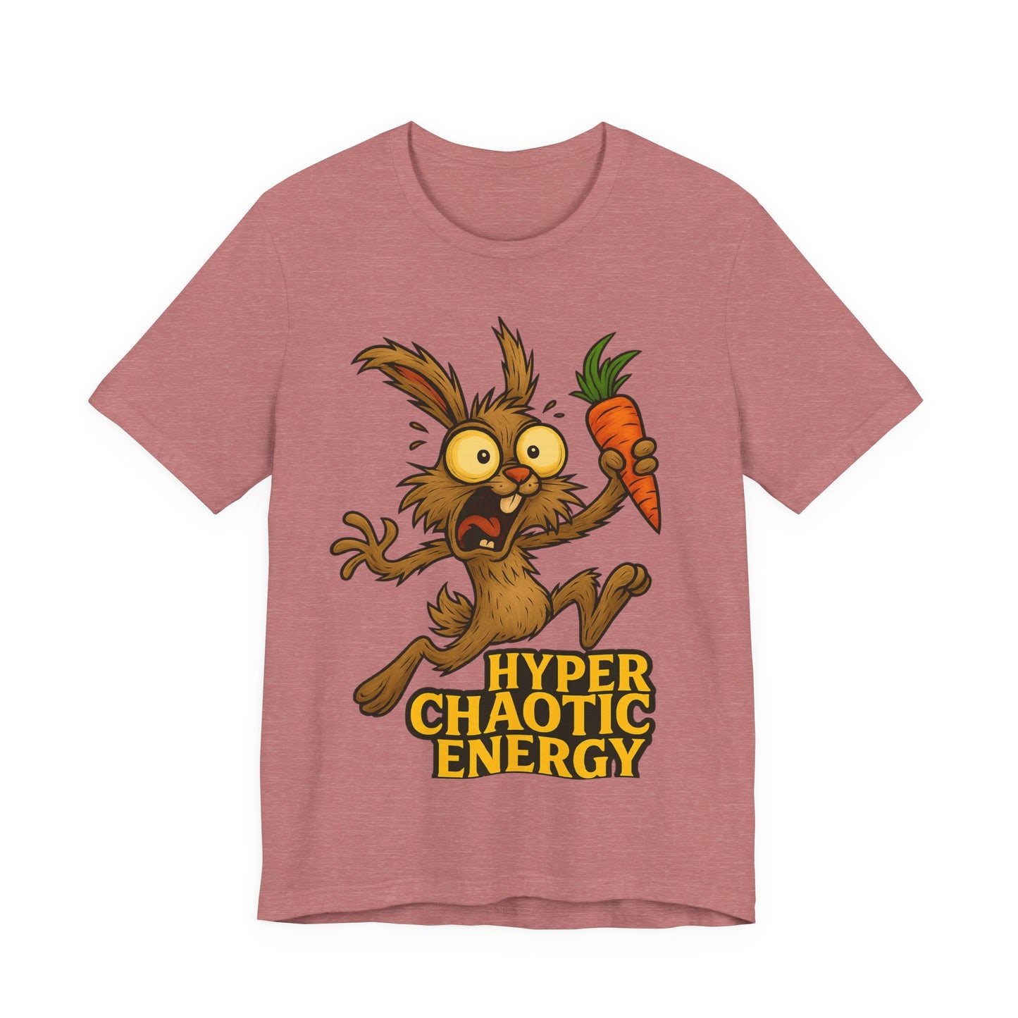 Hyper Chaotic Energy Bunny T-Shirt — Funny Cartoon Rabbit Holding Carrot Tee