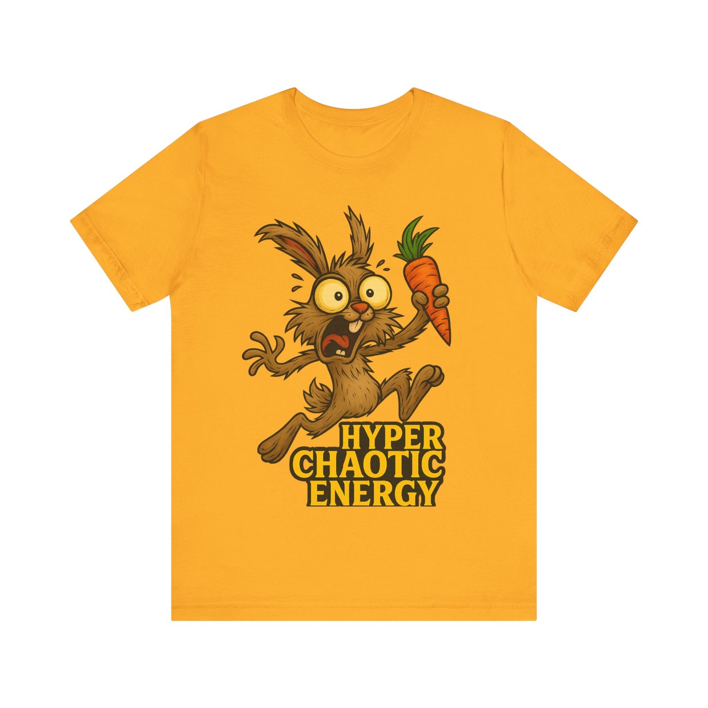 Hyper Chaotic Energy Bunny T-Shirt — Funny Cartoon Rabbit Holding Carrot Tee