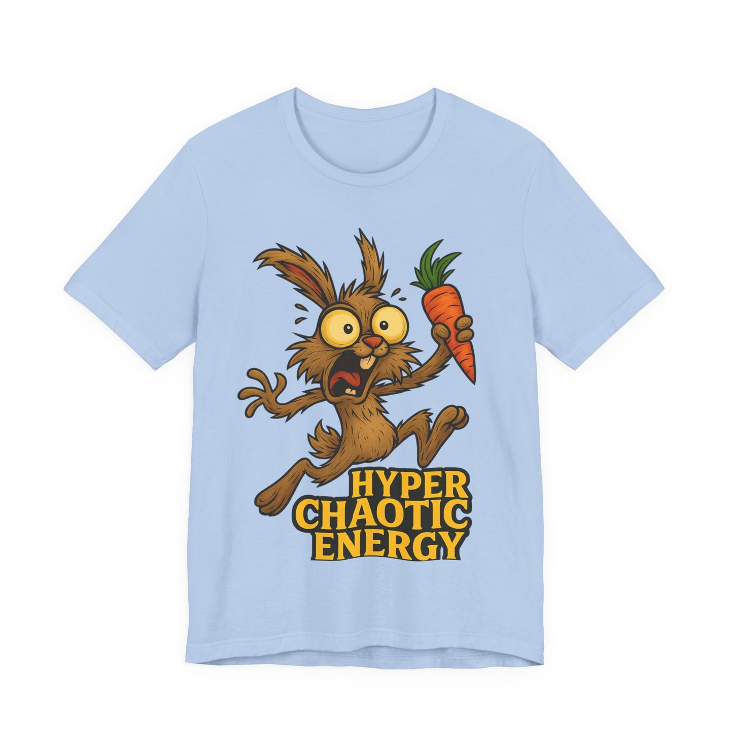 Hyper Chaotic Energy Bunny T-Shirt — Funny Cartoon Rabbit Holding Carrot Tee