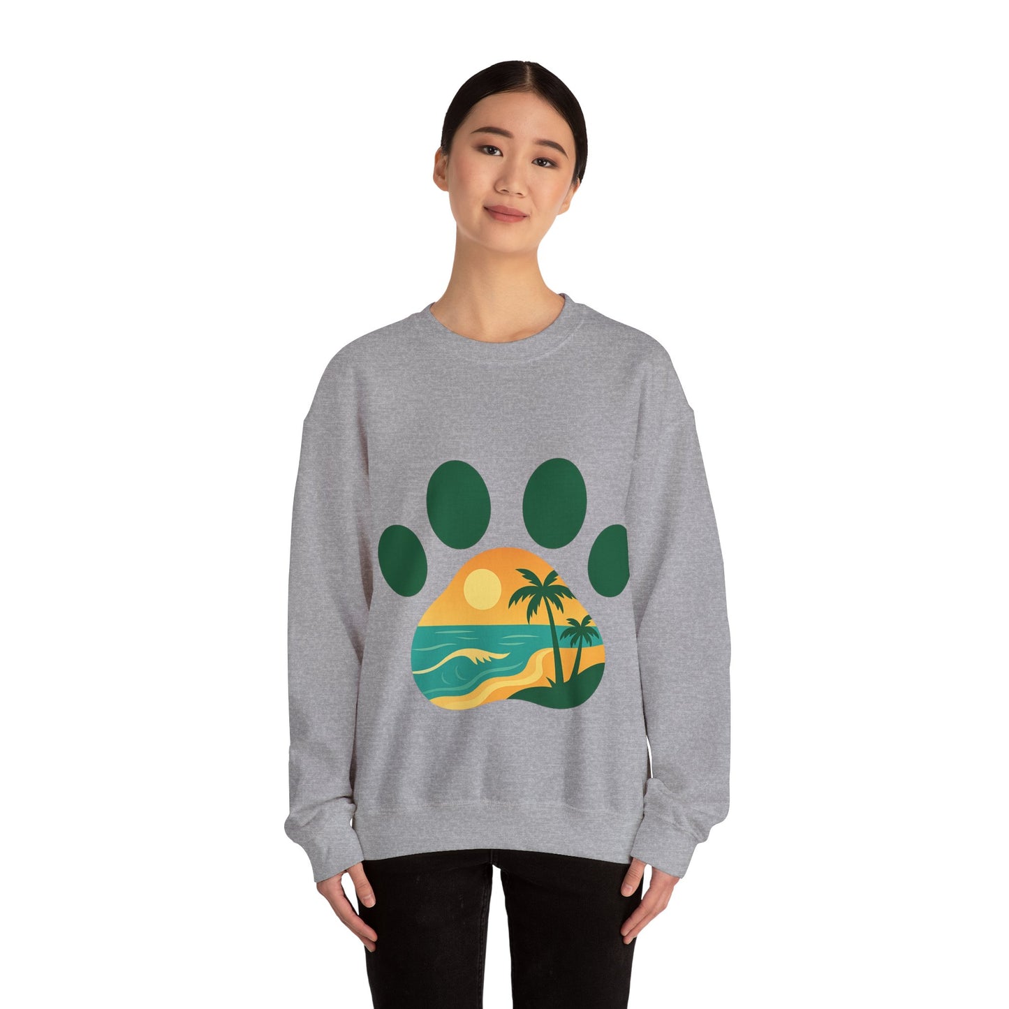 Beach Sunset Paw Print Sweatshirt, Cozy Animal Lover Crewneck, Gift for Pet Owners, Perfect for Casual Outings, Nature-Inspired Apparel