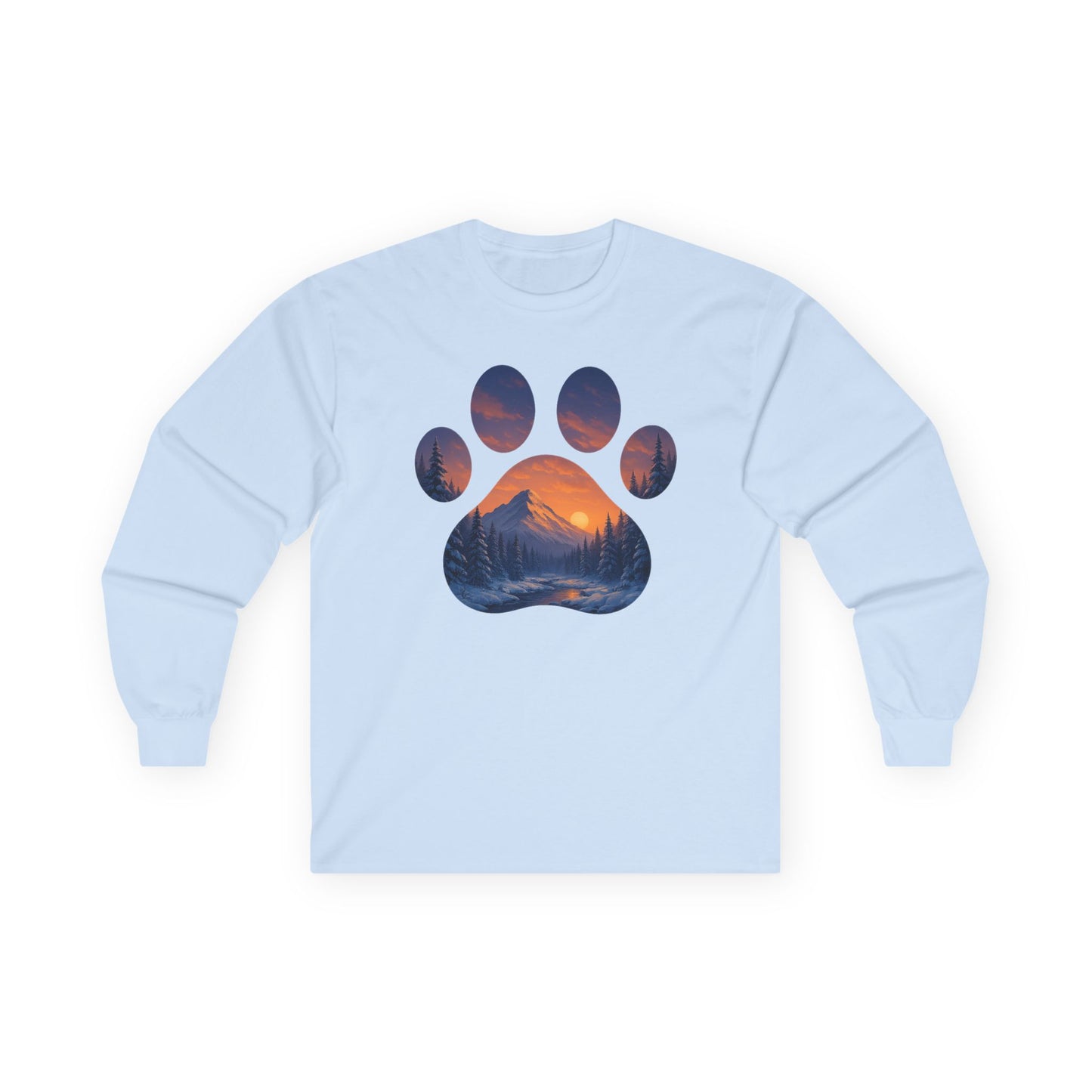 Mountain Sunset Paw Print Long Sleeve Tee - Nature Lover Gift, Pet Paw Tee, Cozy Wildlife Shirt, Casual Unisex Apparel, Gift for Dog Lovers