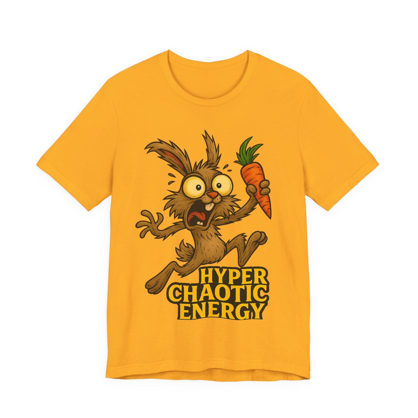 Hyper Chaotic Energy Bunny T-Shirt — Funny Cartoon Rabbit Holding Carrot Tee