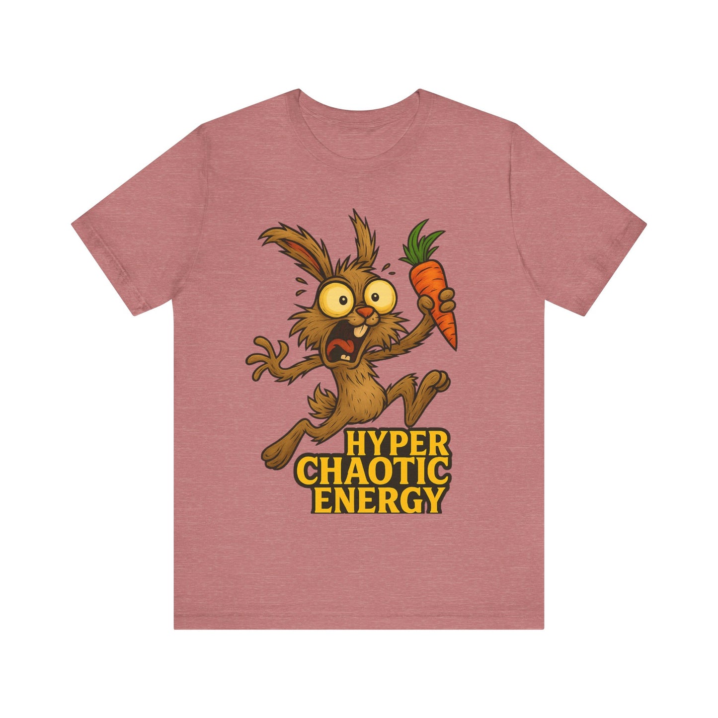 Hyper Chaotic Energy Bunny T-Shirt — Funny Cartoon Rabbit Holding Carrot Tee