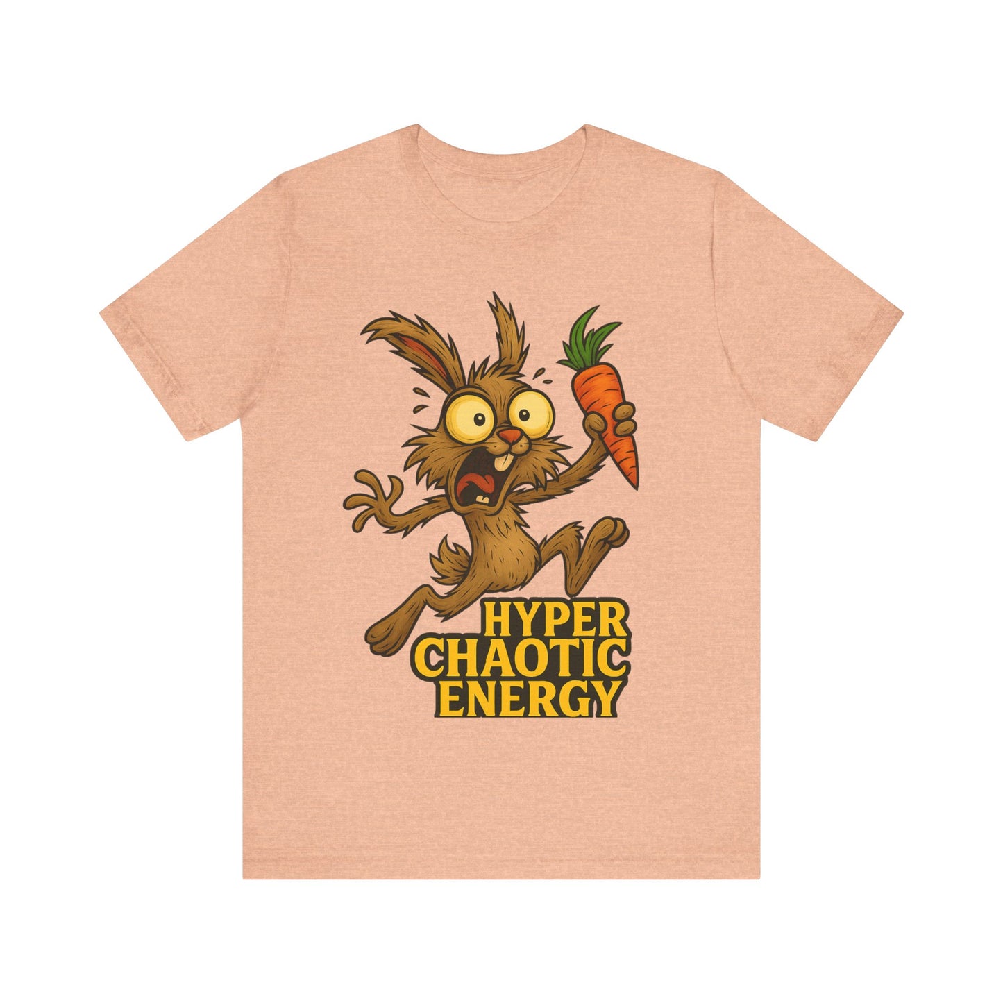 Hyper Chaotic Energy Bunny T-Shirt — Funny Cartoon Rabbit Holding Carrot Tee