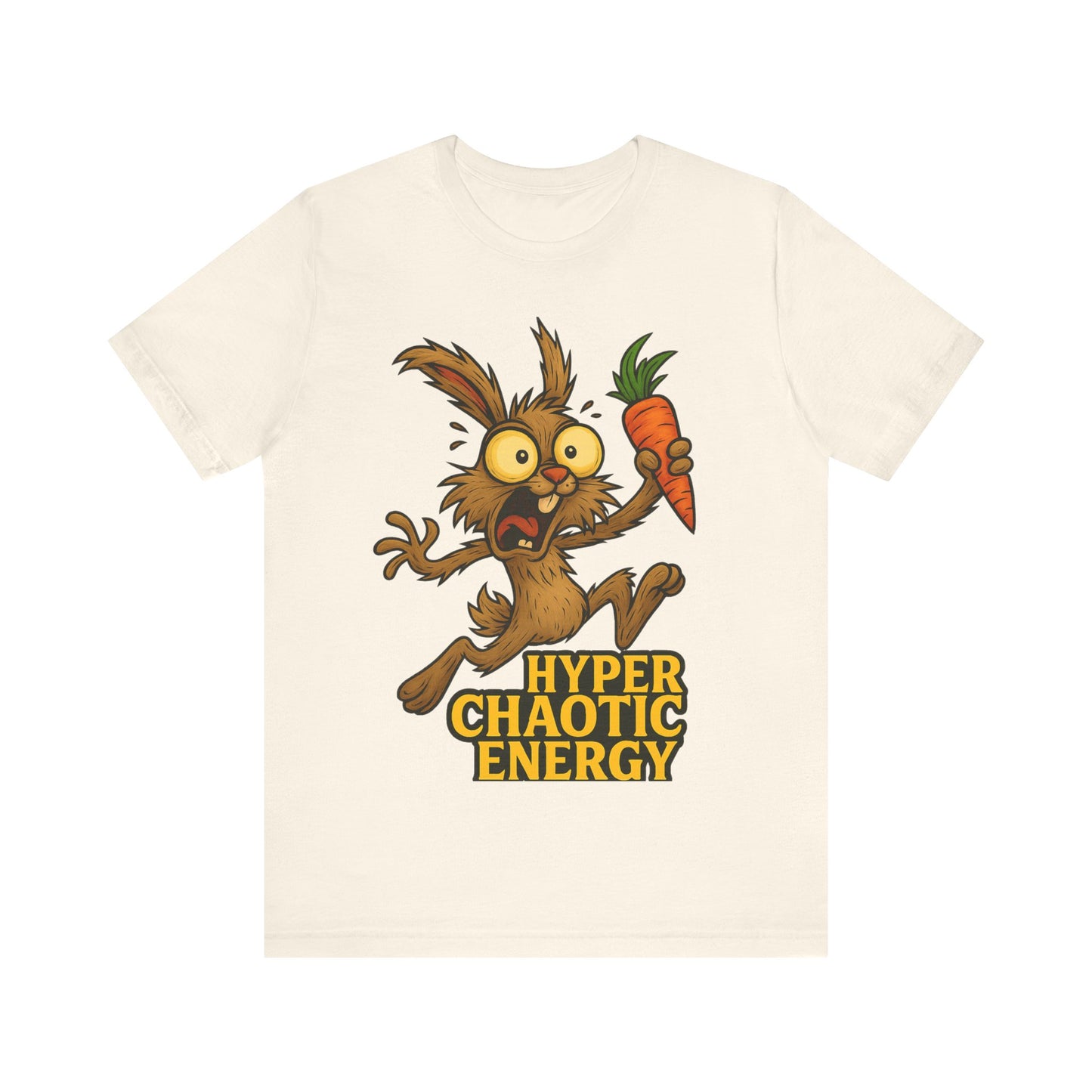 Hyper Chaotic Energy Bunny T-Shirt — Funny Cartoon Rabbit Holding Carrot Tee
