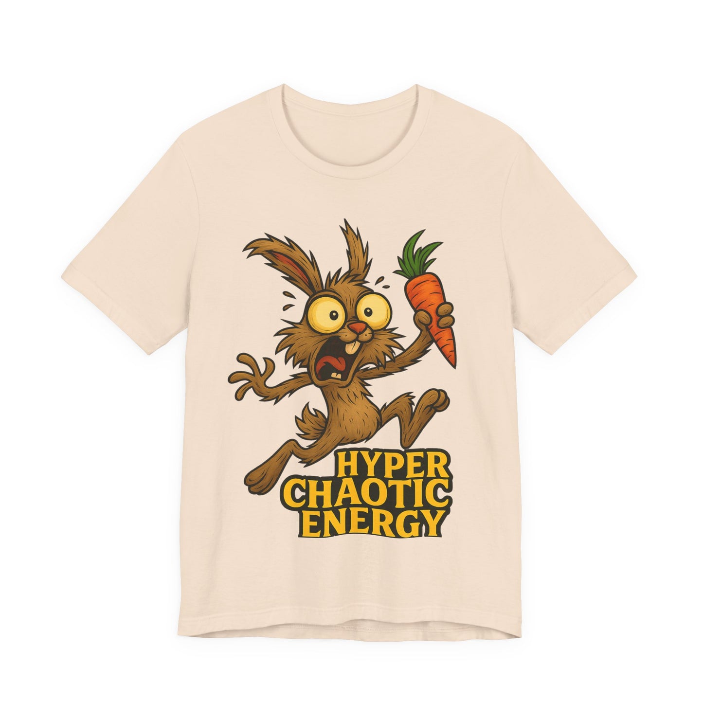 Hyper Chaotic Energy Bunny T-Shirt — Funny Cartoon Rabbit Holding Carrot Tee